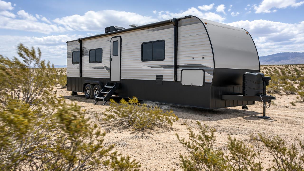 Travel trailer with dark metal skirting enclosing the base on an open desert lot