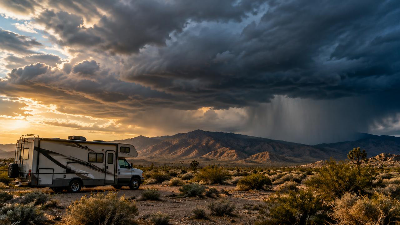 Monsoon storm clouds building over the desert behind a parked motorhome