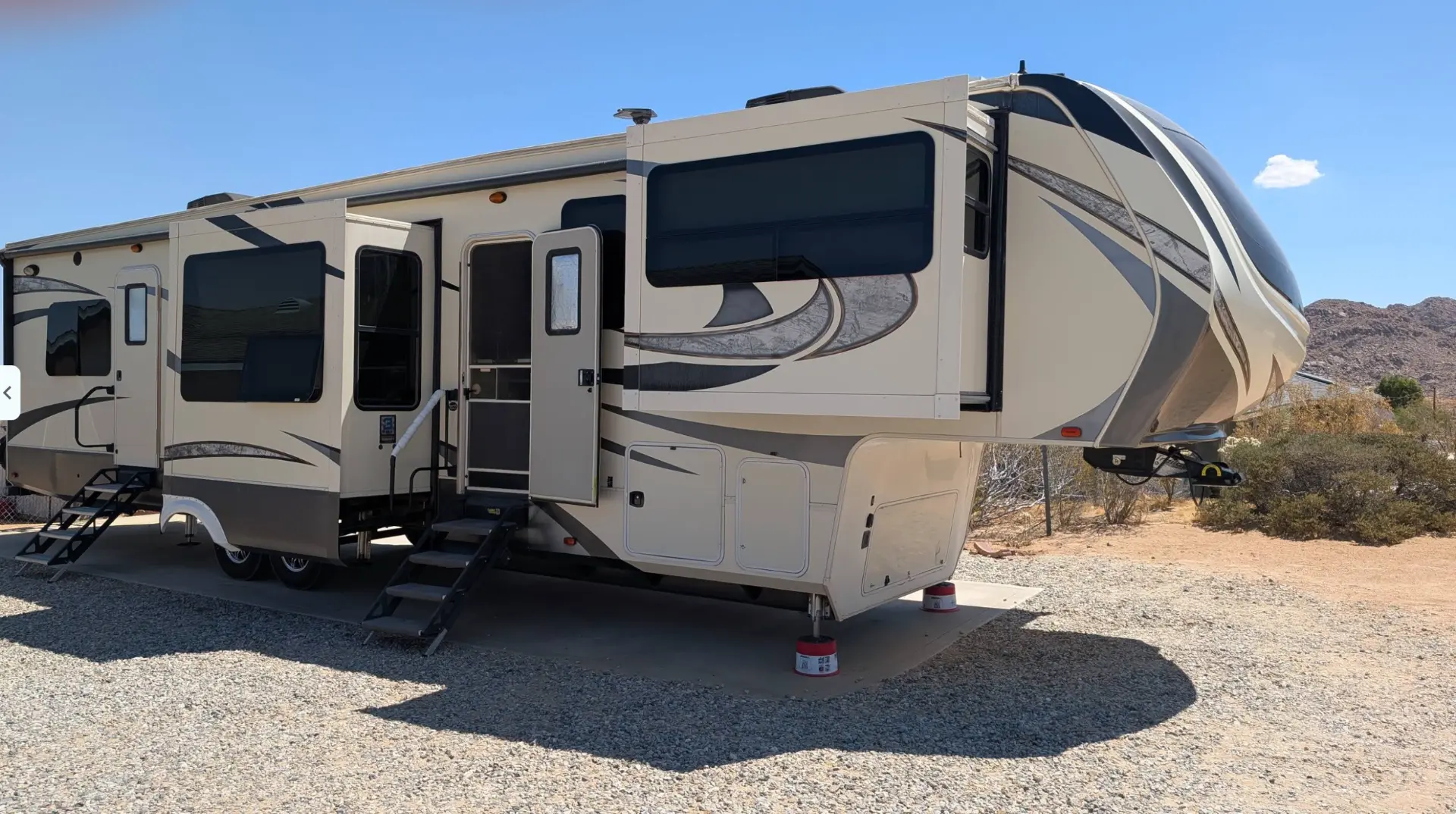 Large fifth wheel set up and leveled on blocks